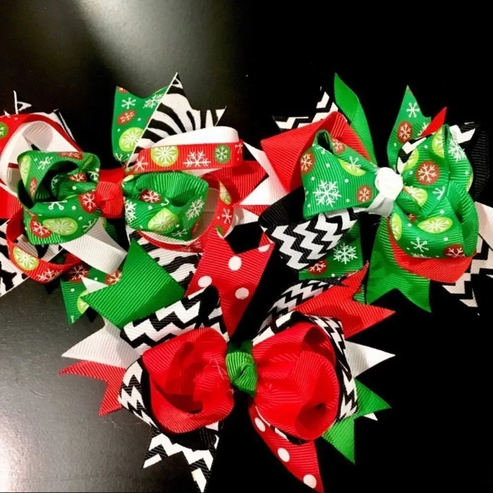 Two Christmas Hair Bows with Alligator Clip- 2 Random Grosgrain Hair Bows